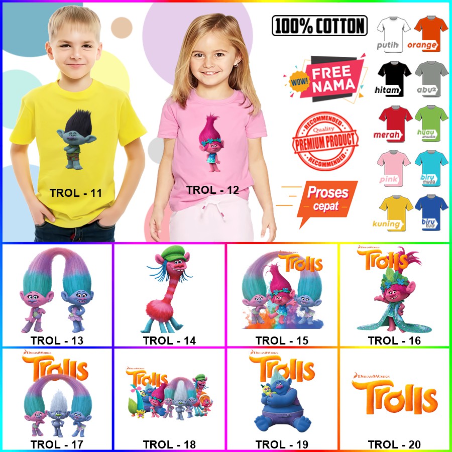 Baju Kaos ANAK DAN DEWASA TROLLS COUPLE (FREE NAMA)