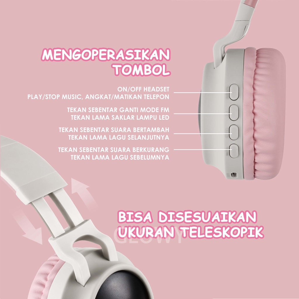 Telinga kucing motif baru headphone bluetooth 5.0 wireless lucu tren headset bluetooth warna pink headphone olahraga headset gaming super lama daya tahan baterai