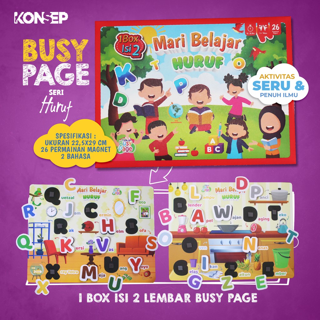 [1BOX ISI 2] KONSEP BUSY PAGE MARI BELAJAR HURUF / ACTIVITY SHEET / MAINAN EDUKASI ANAK