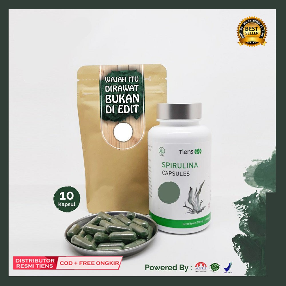 SPIRULINA ASLI TIENS 100%/ Masker wajah spirulina Ori/mencerahkan wajah & jerawat isi 10 kapsul