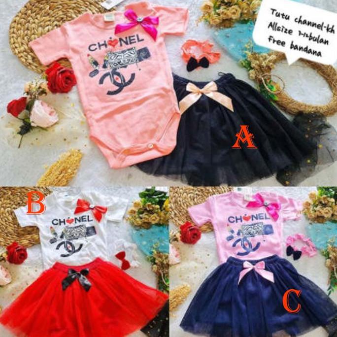 Baju Anak Bayi Perempuan Set Jumper Rok Bonus Bandana Chanel