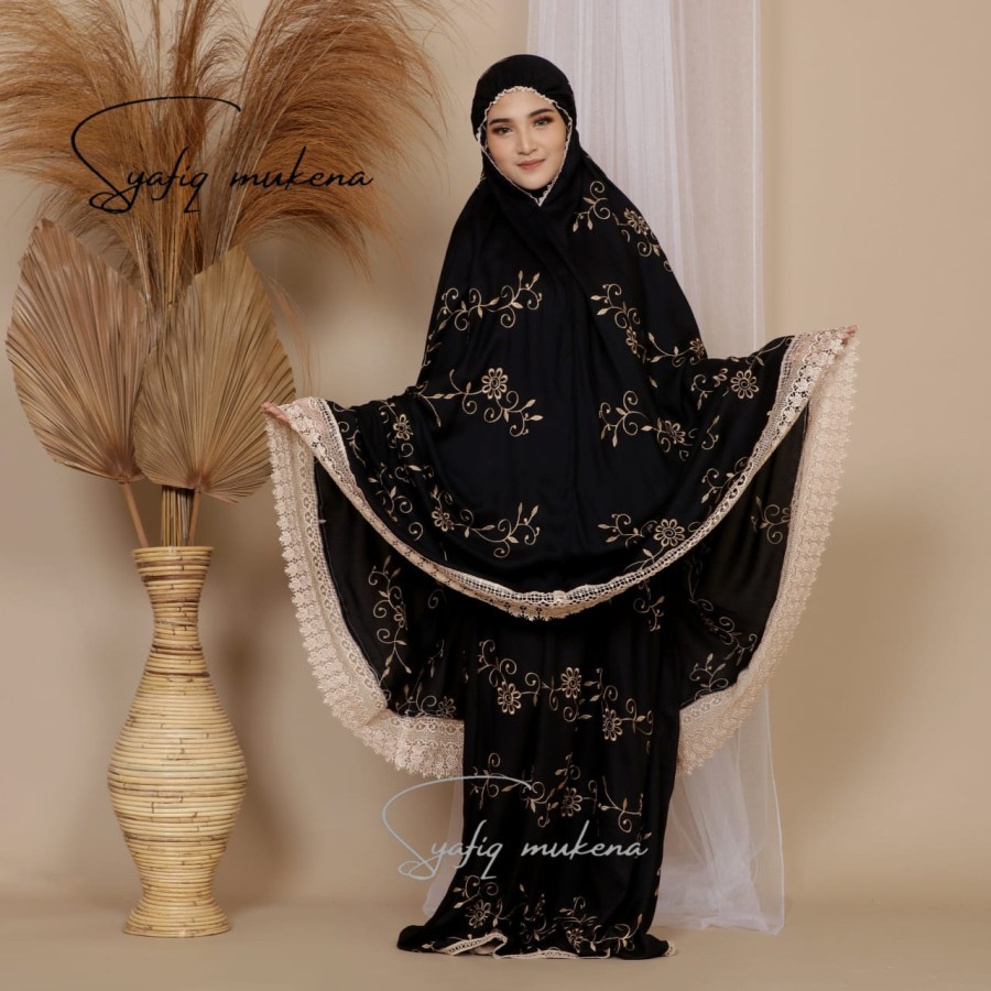 MUKENA DEWASA GRACELLA FULL BORDIR RAYON PREMIUM JUMBO HITAM, MUKENA TRAVELLING SUPER ADEM