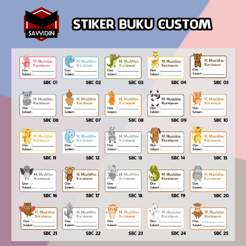 

[5 Pcs] Stiker Buku Pelajaran / Stiker Label Buku - Custom Nama - Seri Hewan Cute - K Sayyidin