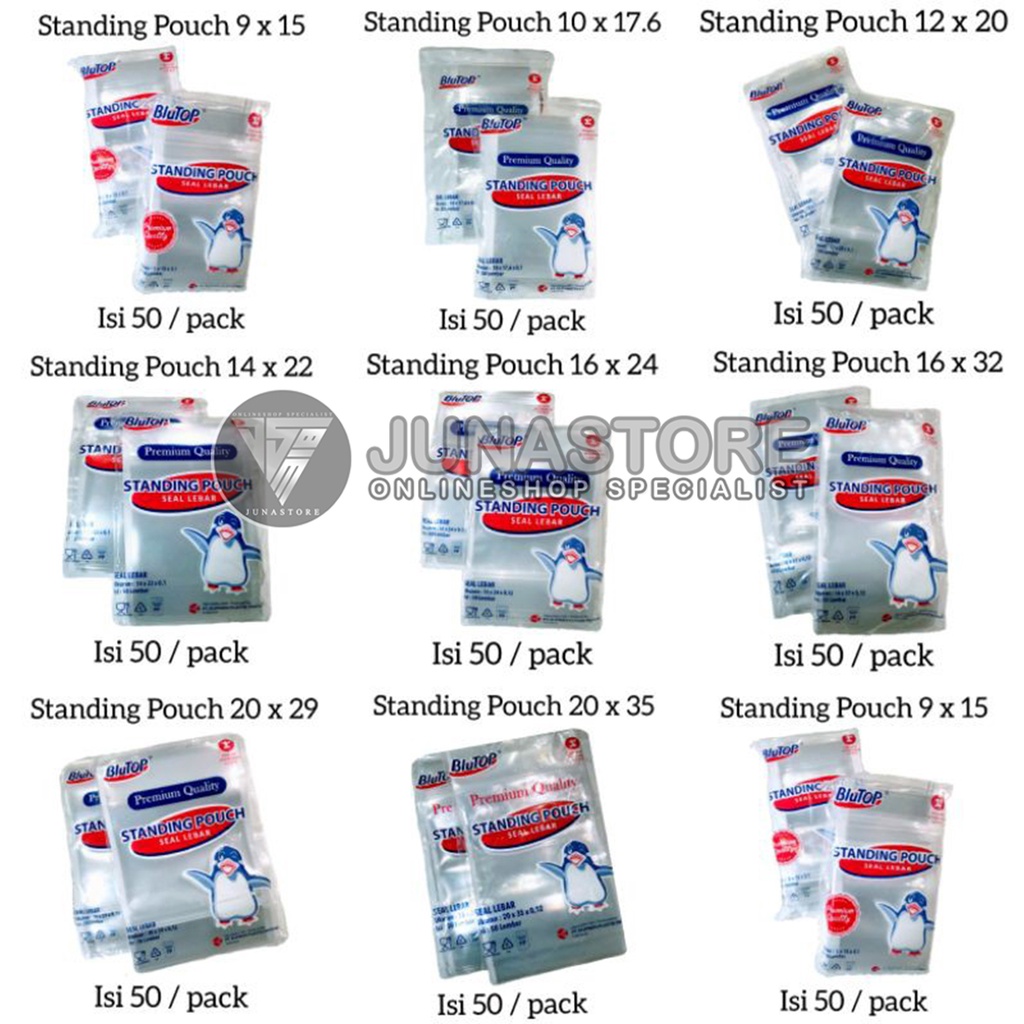 Plastik standing pouch foodgrade BluTOP dan MACHO random dikirim