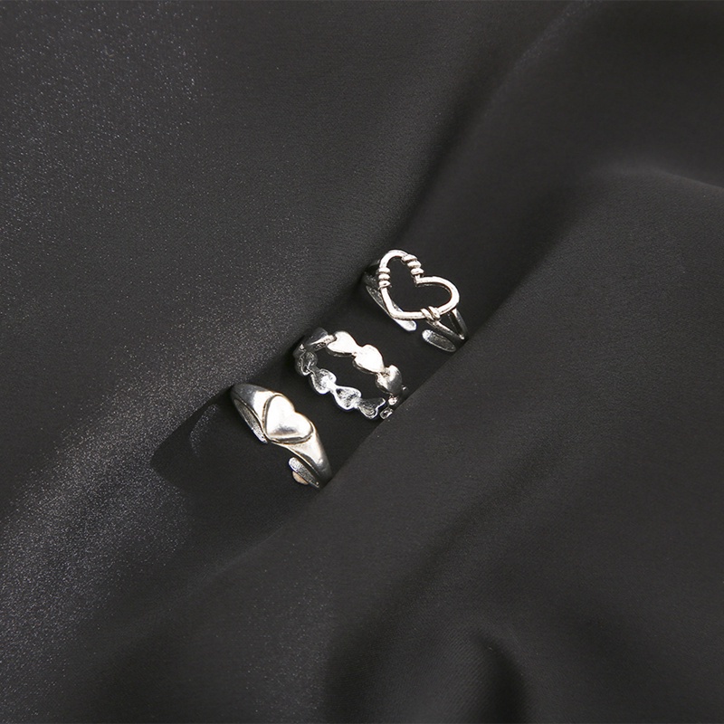 Fancyqube 3pcs / Set Cincin Model Terbuka Adjustable Desain Hati Warna Silver Gaya Gothic Retro Untuk Wanita