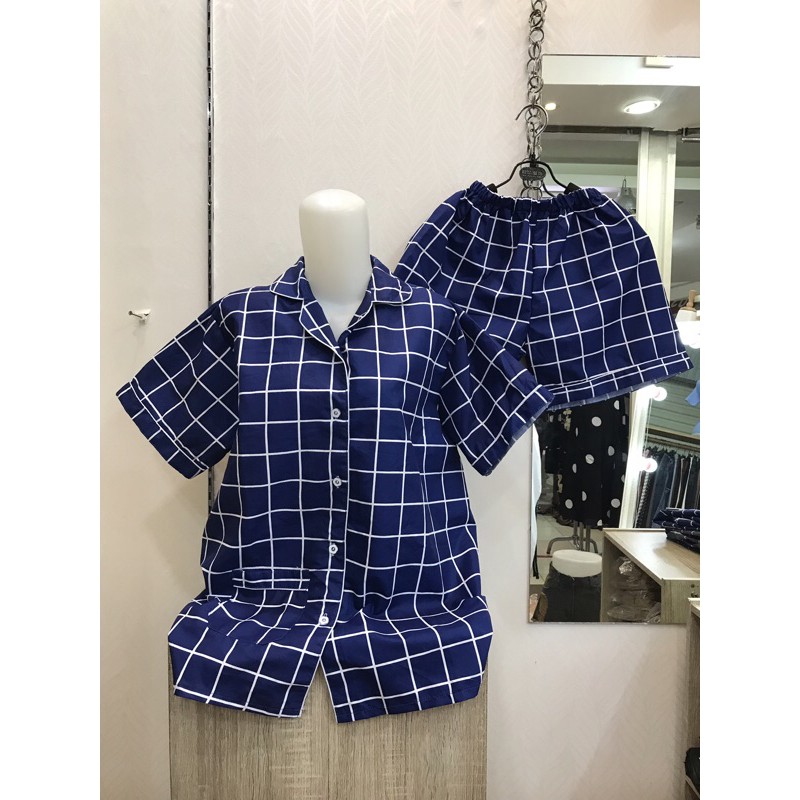 piyama/pajamas kotak&quot; HP katun navy murah.homewear/sleepwear/bajutidur cwe PP tartan biru kekinian