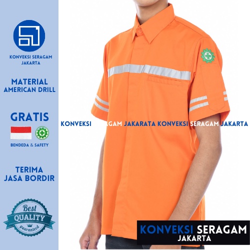 Baju Kemeja Safety K3 Lengan Pendek - Seragam Kerja Atasan Wearpack Werpack Werpak Proyek Tambang Warna Oranfe Oren Pria Wanita - Konveksi Seragam Jakarta