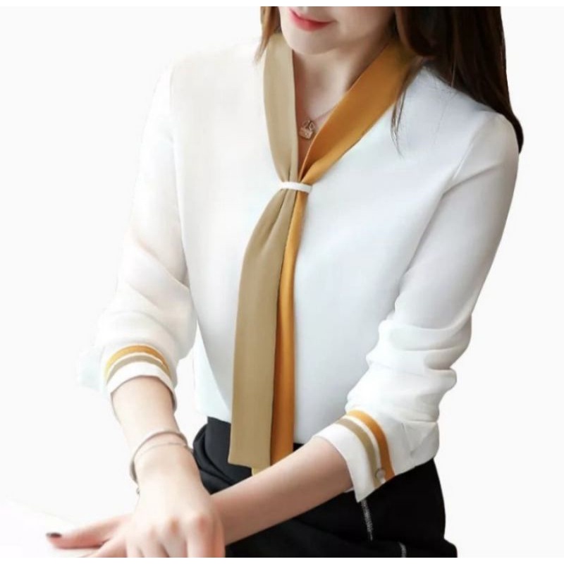 Blouse Wanita Blus Kerja Kantor Lengan Panjang Putih Polos Variasi Syal Leher Korean Style - ARRA-1