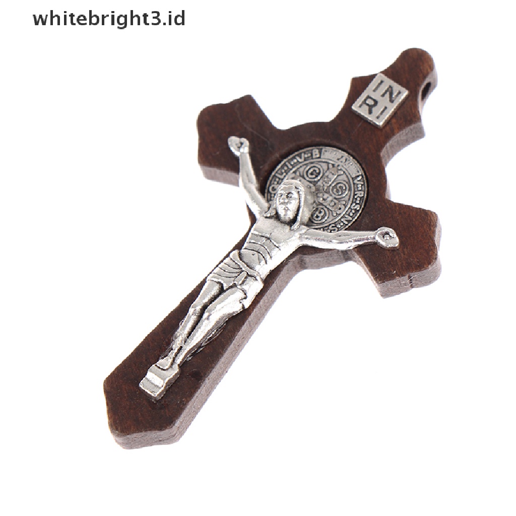 (whitebright3.id) Kalung Rantai Dengan Liontin Salib Yesus Bahan Kayu Untuk Umat Kristen