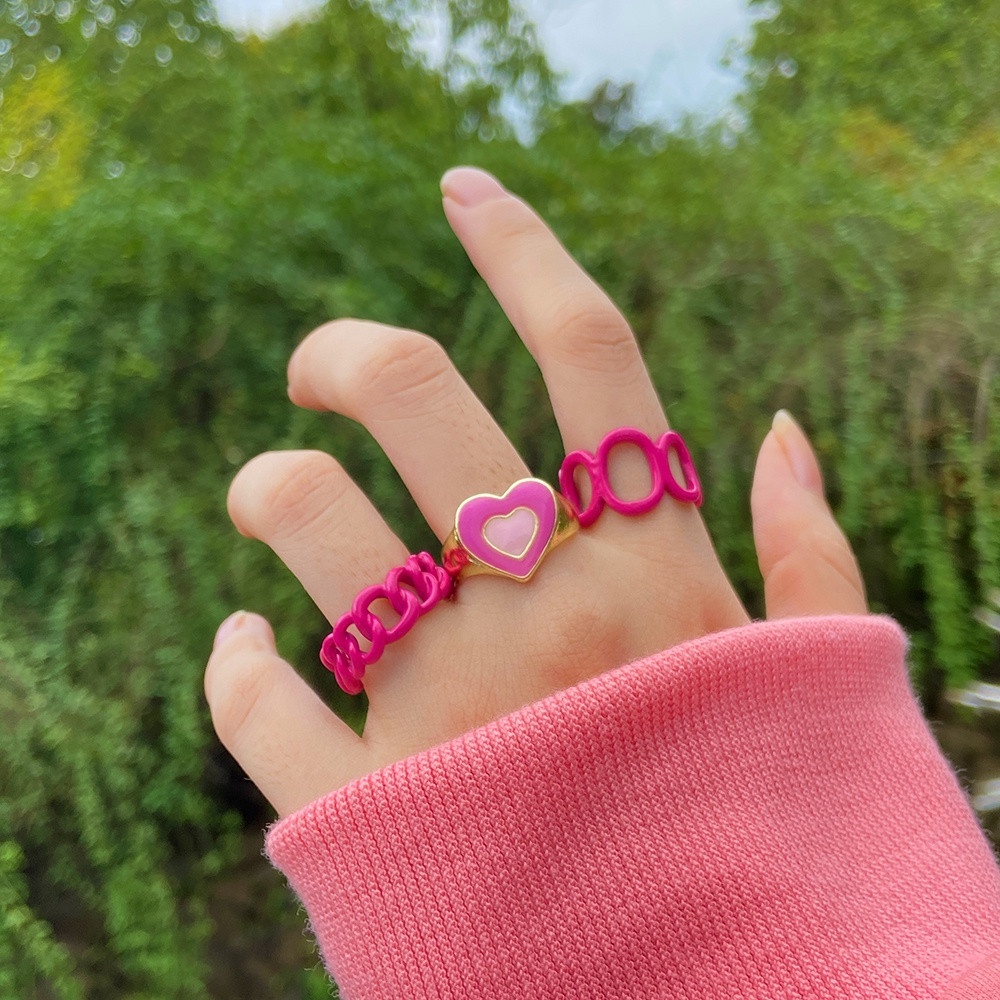 3pcs / Set Cincin Bentuk Hati Geometris Warna Pink Untuk Wanita