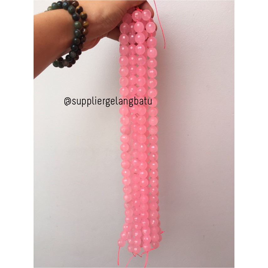 ROSE QUARTZ FACETED beads 14mm CUTTING batu manik candy craft impor aksesoris supplier pria wanita