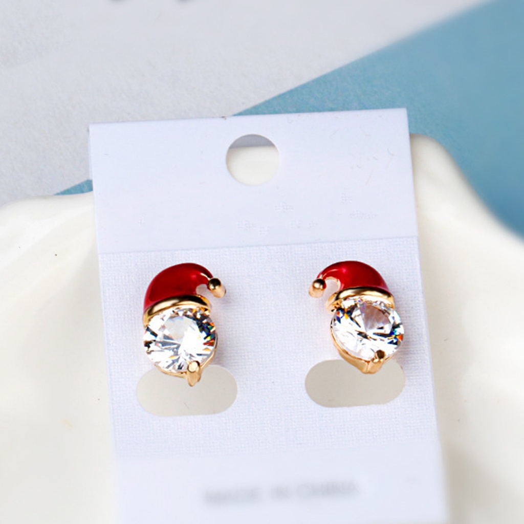 Hu Hu Hu Hu Hu Alat Bantu Pasang Kacamata♡ 1 Pasang Anting Stud Cubic Zirconia Bentuk Topi Natal Warna Merah Untuk Wanita