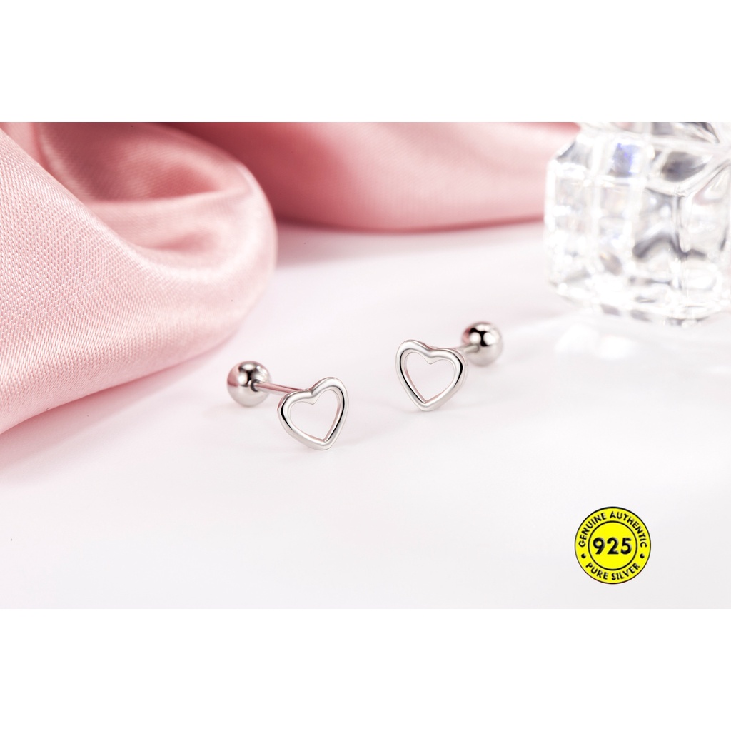 Anting Stud S925 Silver Bentuk Hati Model Hollow Untuk Wanita