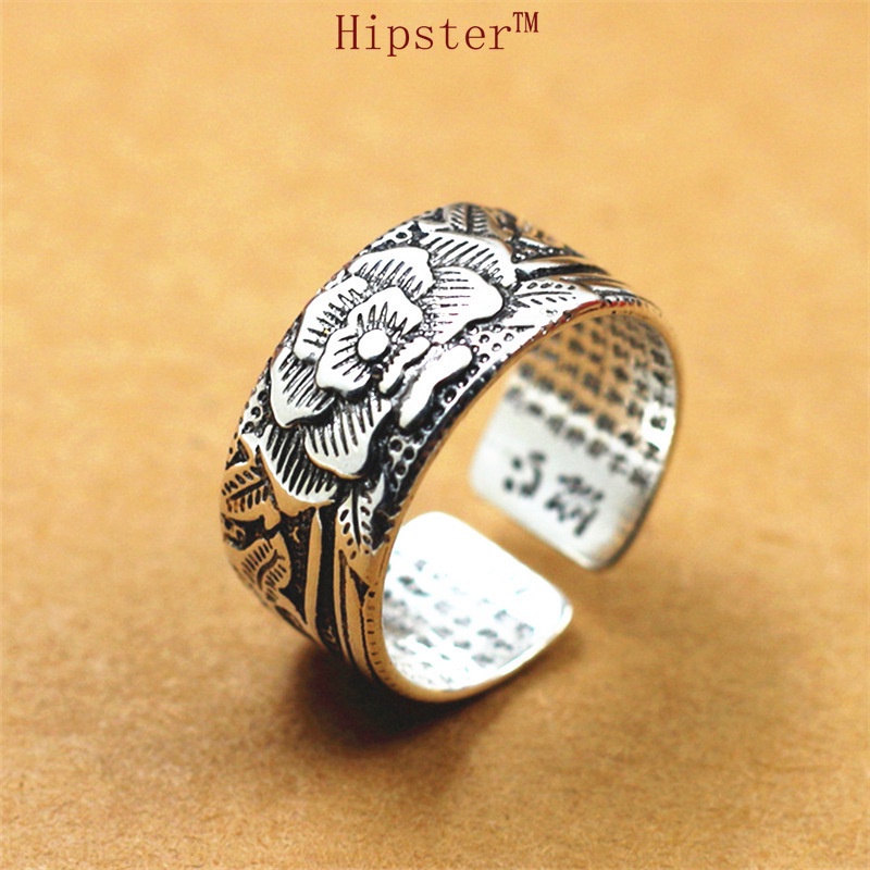 Popular Ethnic Style Features Carved Lotus Hannya Shingyo Ring