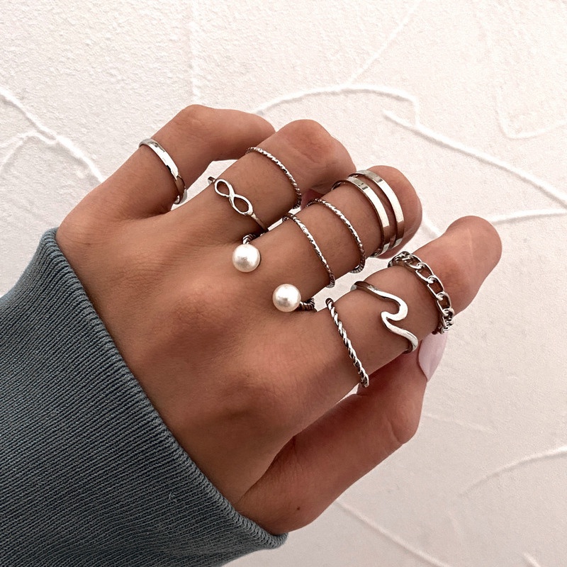 [10Pcs Set Fashion Simple Geometric Irregular Pearl Adjustable Open Rings For Women And Men] [ Elegant Ladies Smooth Fine Thin Finger Ring] [Lovely Jewelry Gifts For Girl Friends]