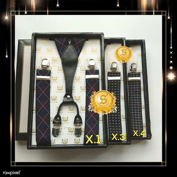 Suspender Bretel Hitam Motif Kulit Letter X premium Japit 4 Logam