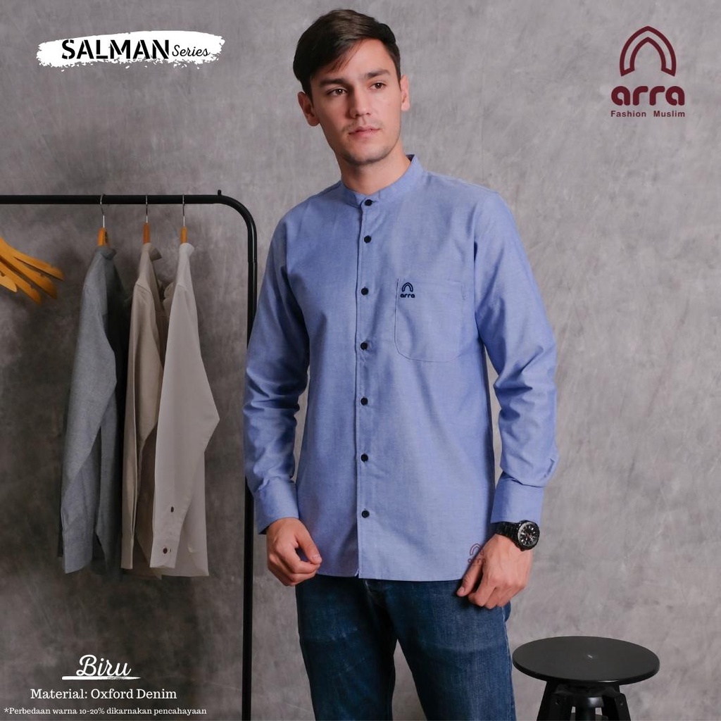 Baju Atasan Kemeja Koko Pakaian Muslim Pria Dewasa Lengan Panjang Warna Biru Blue Bahan Oxford Denim