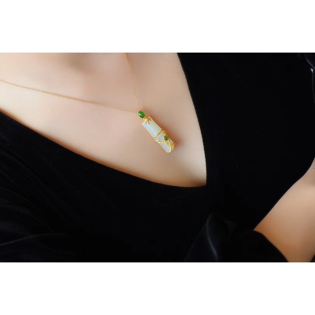 Goldkingdom Fashion Perhiasan 24K Bangkok Aksesoris Ready Stock Hetian Giok Putih Bambu Liontin Perempuan Gilt Simpul Naik Tinggi Kalung Rantai Klavikula Bambu Yang Kaya