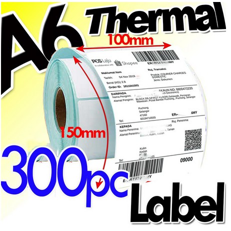 

LABEL STICKER THERMAL BARCODE 100x150mm (10x15cm 300Pcs Core 1") MURAH A6, 4" x 6