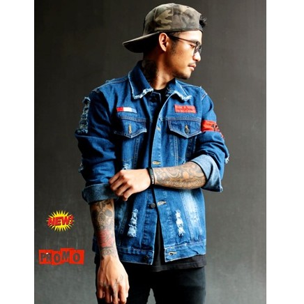 TERLARIS ! JAKET JEANS DENIM PRIA KEREN BAHAN TEBAL RIPED JAPANES SOBEK SOBEK TULISAN JEPANG ORIGINAL DISTRO KEREN TERMURAH