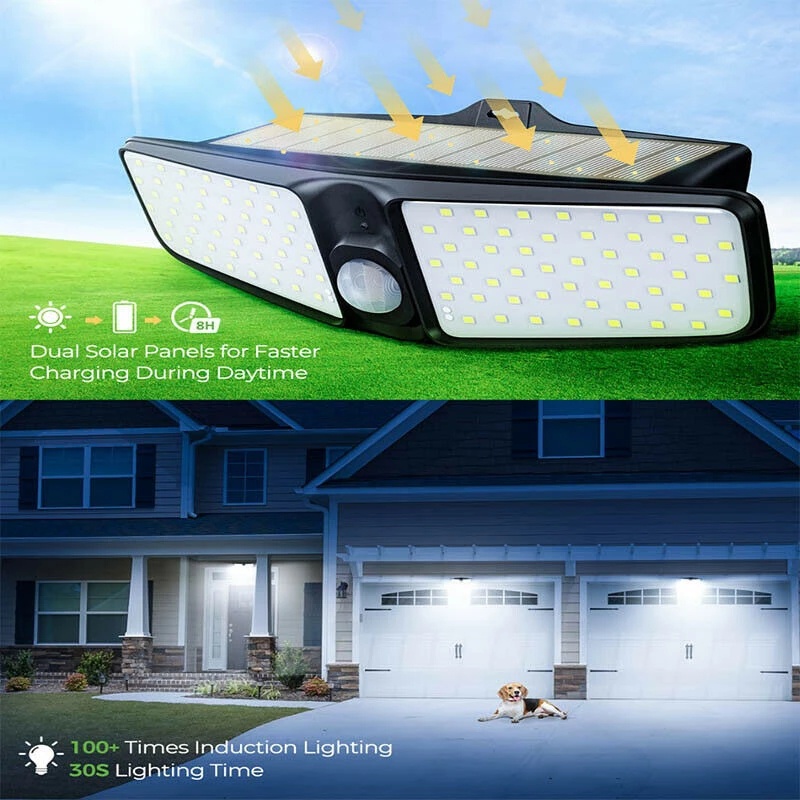 Outdoor Rumah Untuk Teras Garasi Deck Control Lampu Keamanan Jalan Tubuh Manusia Induksi Taman Tahan Air Malam Solar Light 2sisi 100LED Sensor Gerak PIR