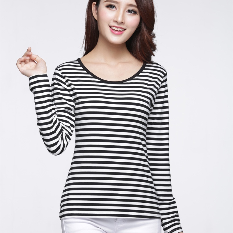 KAOS GARIS HITAM PUTIH LENGAN PANJANG WANITA PREMIUN KATUN COMBED ATASAN CEWEK LENGAN PANJANG GARIS-GARIS