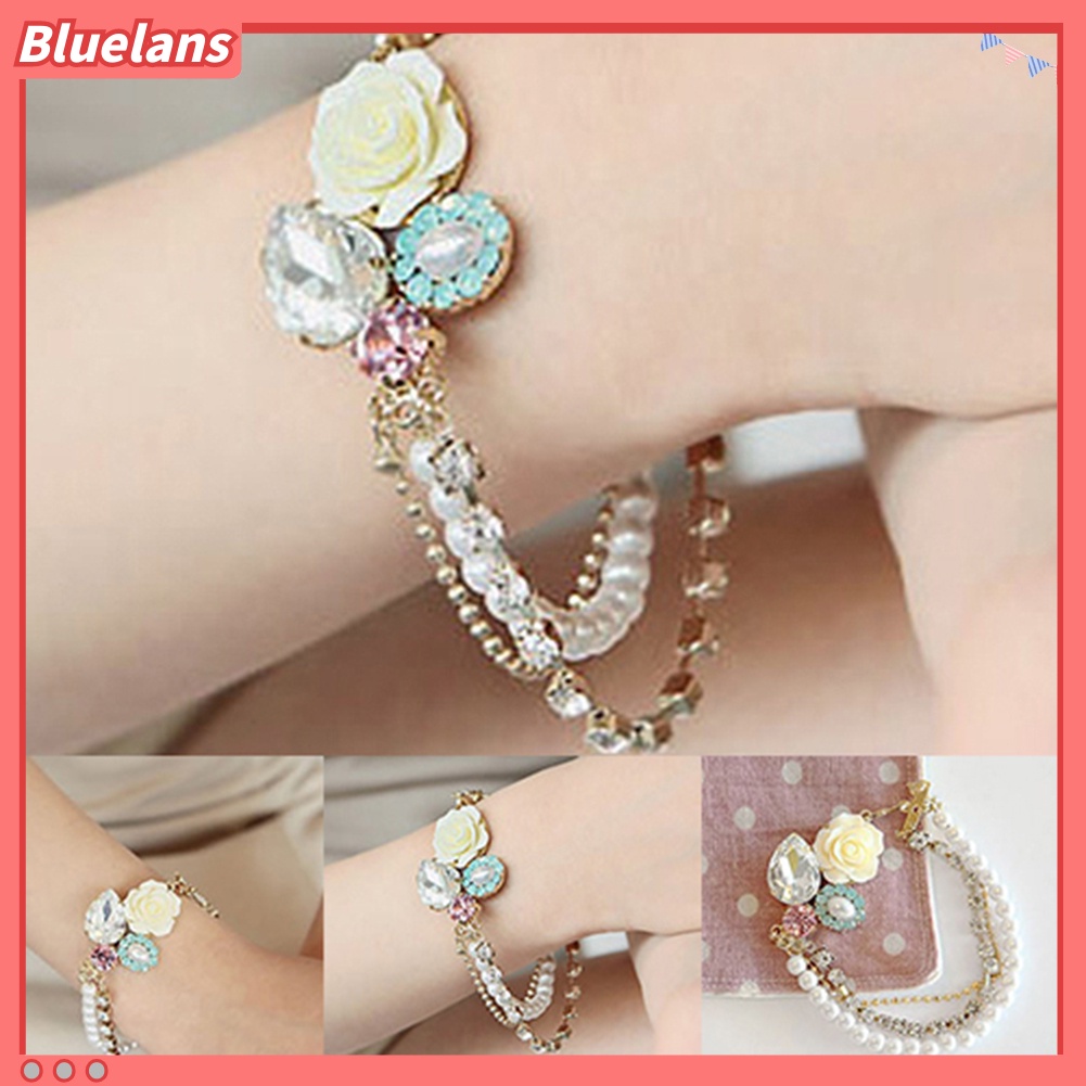 Gelang Kristal Dengan Mutiara Mawar Berlian Campuran Fashion Damar Warna-Warni Yang Unik Mempesona