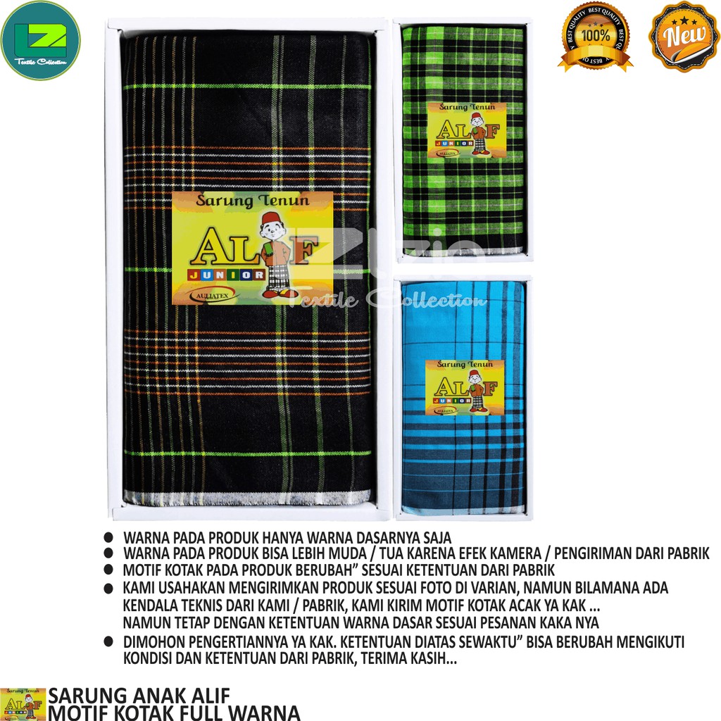 SARUNG ANAK TANGGUNG SARUNG ANAK ALIF KOTAK MOTIF FULL WARNA PREMIUM