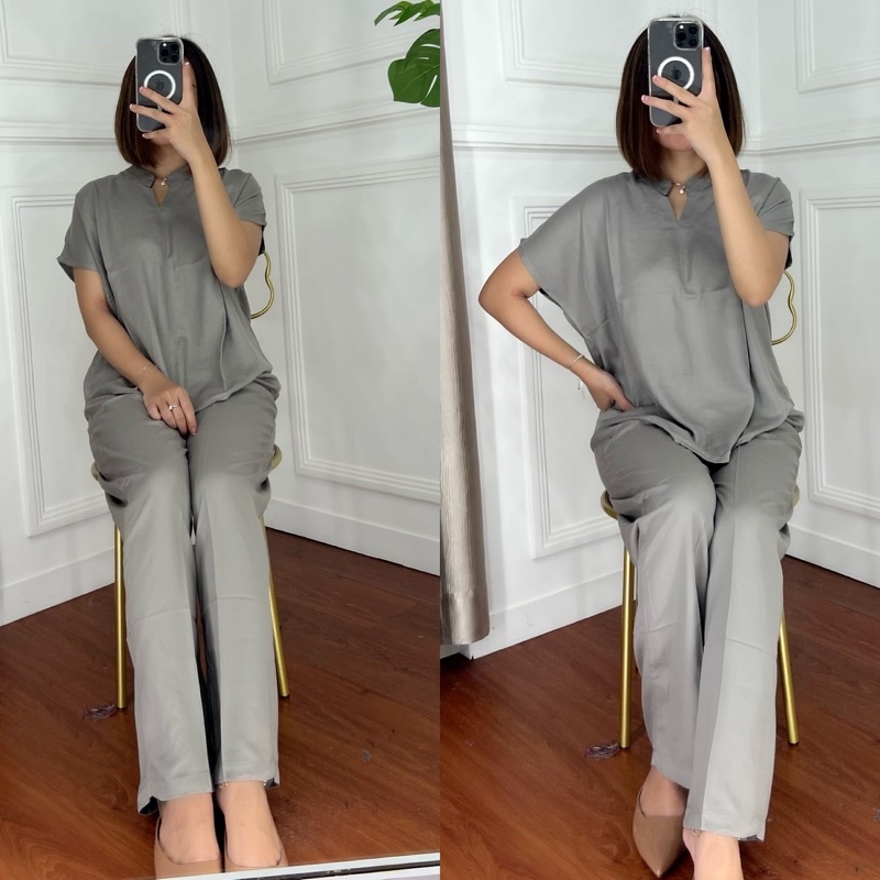 ONE SET TWILL PIYAMA SET TWILL/PAJAMAS/DAILY ONE SET/SETELAN / SETCEL / KEMEJA RAYON / RAYON TWILL-SOFTGREY TWILL