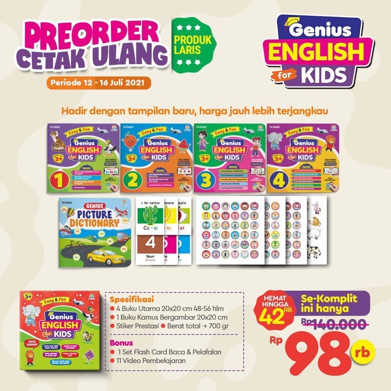 GENIUS ENGLISH for kids 3+ isi 4 buku dan dictionary