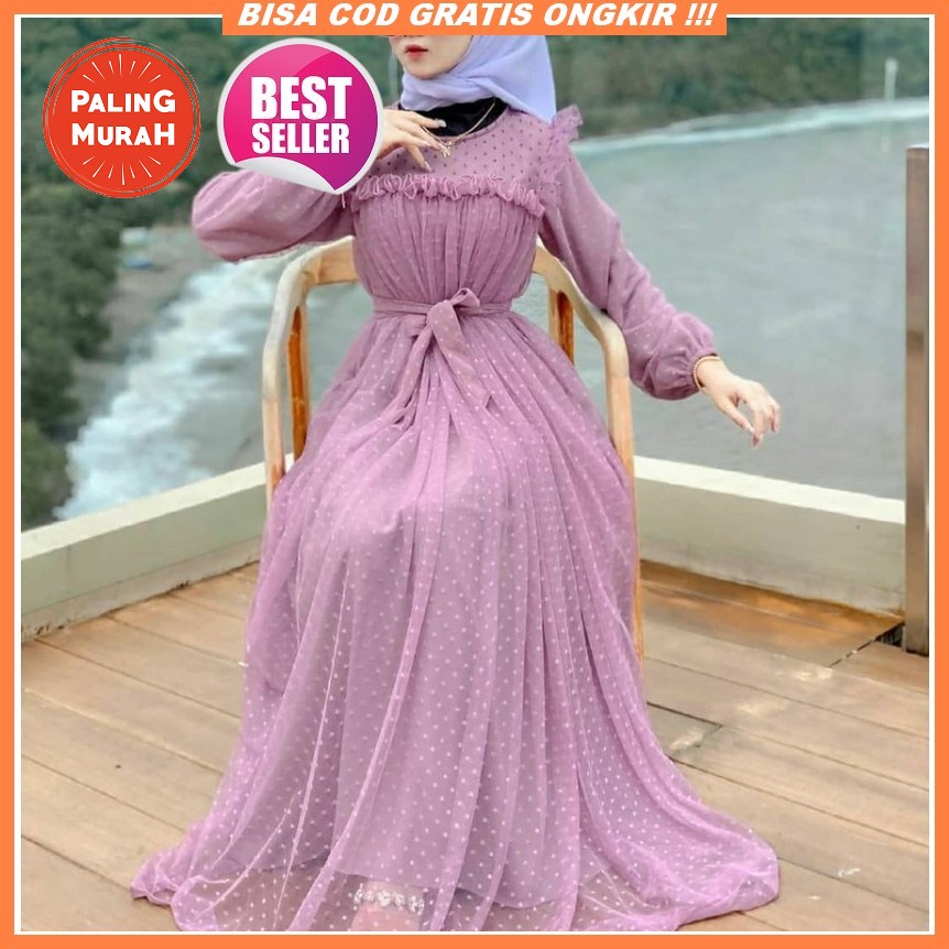 Baju Gamis Brukat Wolly Crepe Lengan Balon Lilac Wanita Muslim Dewasa Trend Kekinian Murah Modern Te