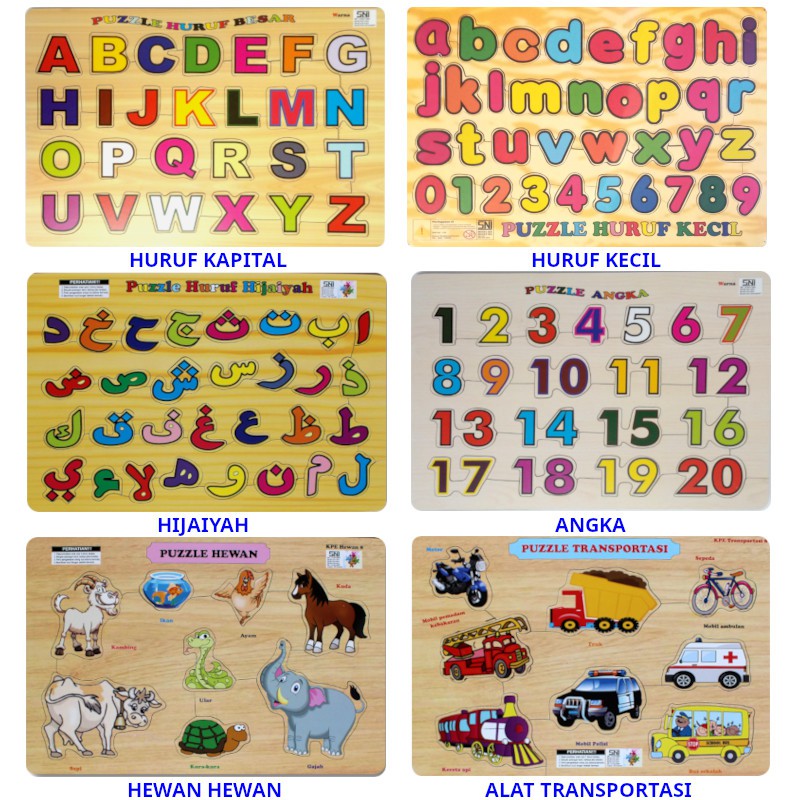 Puzzle Kayu Huruf Besar Hijaiyah Angka Arab Abjad Abc Abcd Mainan Edukasi Edukatif SNI Anak Pilih Ga