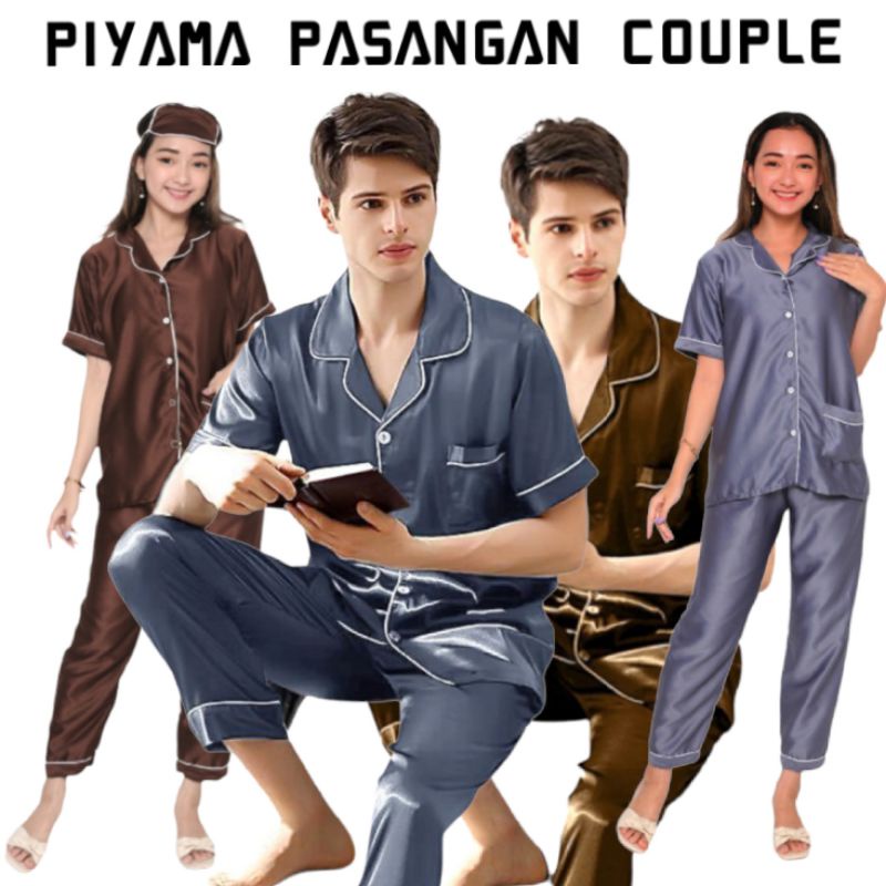 Piyama pasangan suami istri couple / cowok cewek Piyama baju tidur satin polos
