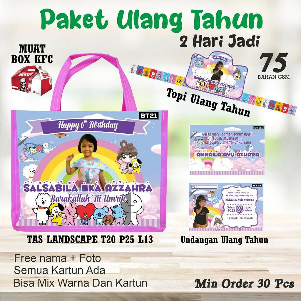 PEMBUNGKUS JAJAN ULTAH BERGAMBAR BT 21/ FREE DESAIN/TAS KADO TOPI DAN UNDANGAN/2 HARI JADI