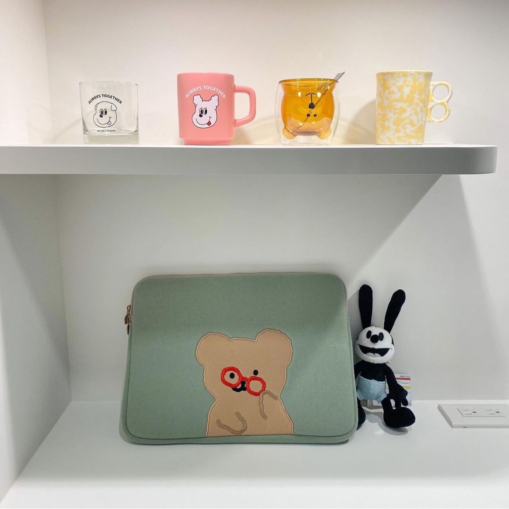 Sleeve Pouch Sarung Tas Bag Case Ipad Tab Tablet Macbook Air Pro Laptop Asus Acer Lenovo HP Huawei 11 12 13 14 15 inch Motif Gambar Beruang Bear Warna Hijau Lucu Cute Murah Korean Model