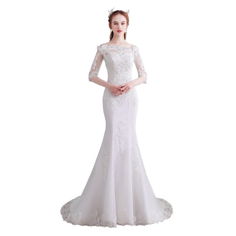 Putih Sabrina Mermaid Wedding Dress Gaun Pengantin Renda Putri Duyung Fishtail Bridal Dress