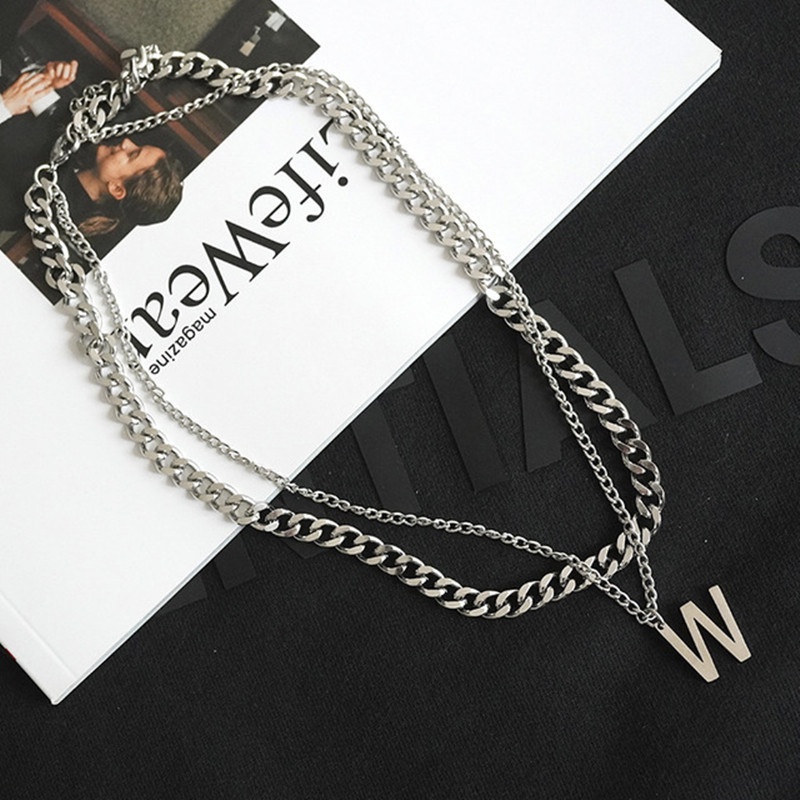 Kalung Rantai Double Layer Bentuk Huruf W Bahan Metal Tebal Gaya Punk Untuk Wanita