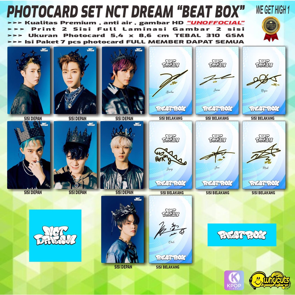 PHOTOCARD UNOFFICAL PREMIUM NCT DREAM BEAT BOX / FULL SET 7 PCS / PRINT 2 SISI LAMINASI SUPER GLOSSY