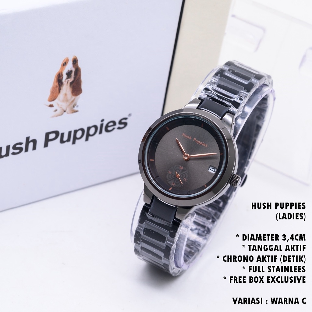 (FREE BOX) JAM TANGAN WANITA HUSH PUPPIES RANTAI BODY BULAT TANGGAL &amp; CHRONO AKTIF