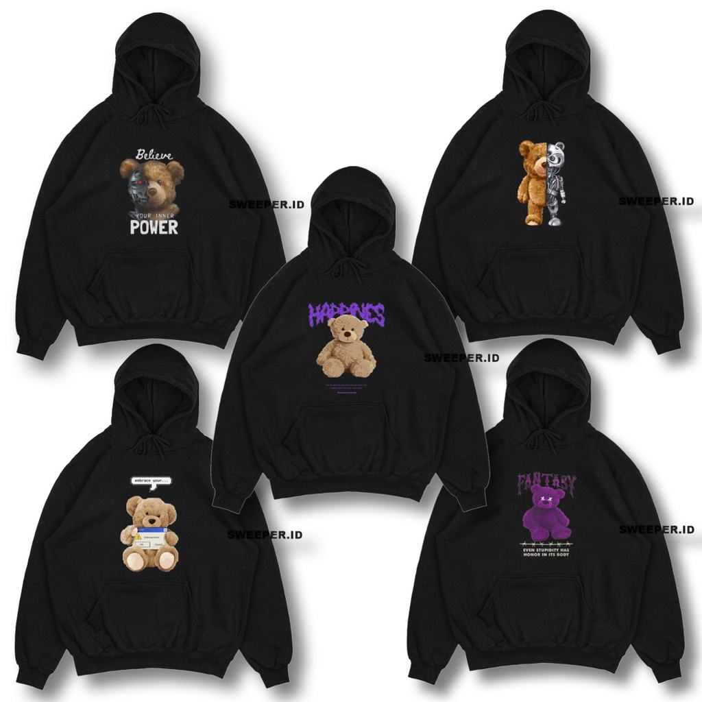 HOODIE TEDDY BEAR WARNA HITAM BAHAN FLEECE BAHAN FLEECE