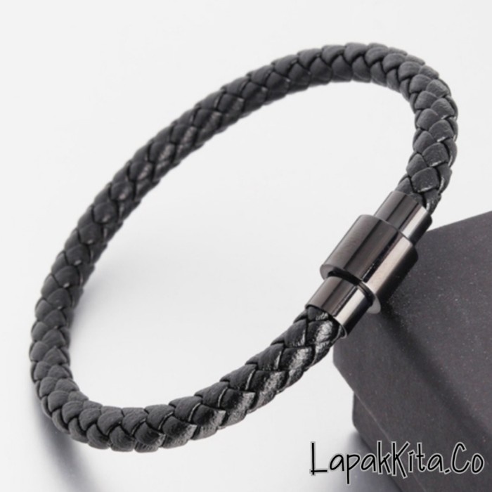 Gelang Kulit Pria Wanita / Gelang Kulit Asli Pria Wanita / Gelang Pria - Hitam, 18,5 Cm
