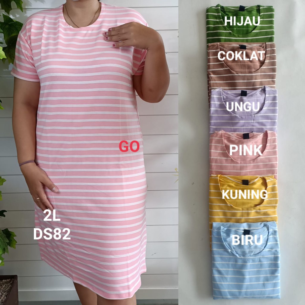 gof DS LMN JUMBO DRESS/DASTER Wanita Casual Motif Garis Salur Pakaian Perempuan Lengan Pendek