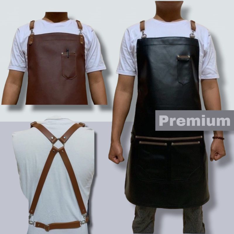 custom apron premium celemek full kulit sintetis, X-strap kulit golden