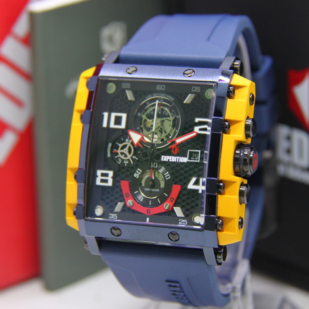 EXPEDITION 6757 PRIA RUBBER BLUE YELLOW ORIGINAL EXP67587 EXP 6757 JAM TANGAN COWOK ARLOJI COWOK