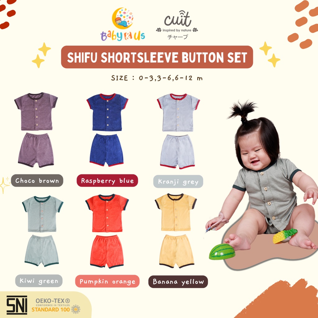 Cuit Babywear Shifu Short Sleeve Button Set - Setelan Lengan Pendek Celana Pendek Polos Lucu Bayi Unisex Furutsu Series - 0-3 3-6 6-12 bulan