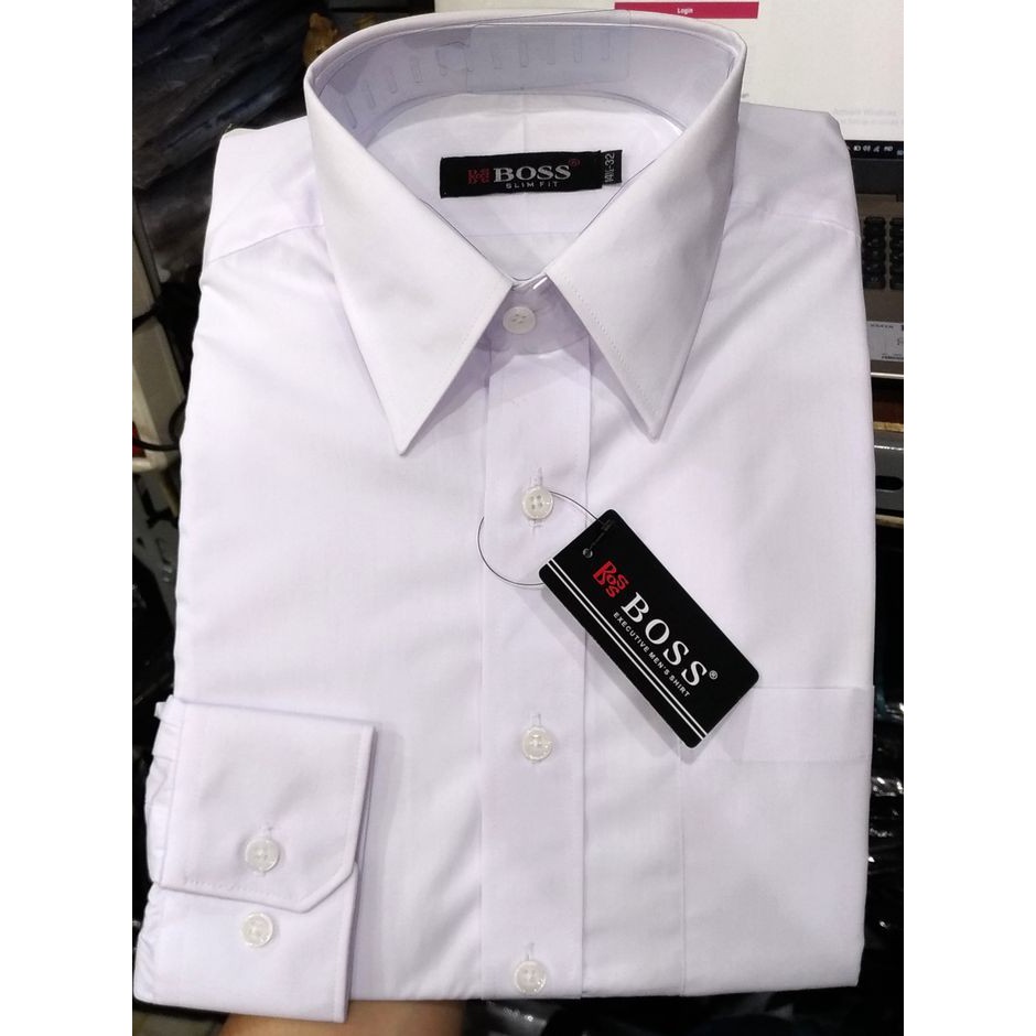Boss Kemeja Pria Putih Panjang Slimfit Plakat Tengah - Putih S