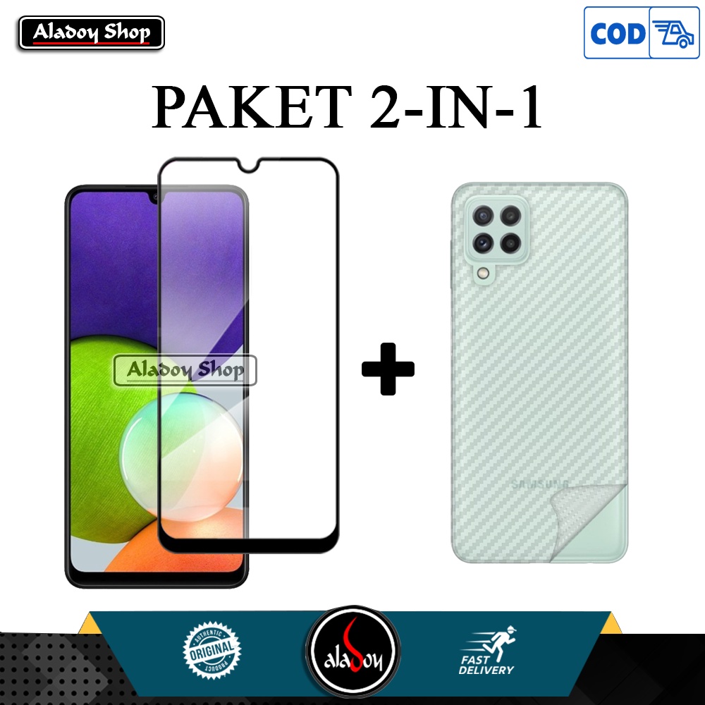 Paket Tempered Glass Layar dan Skin Carbon Samsung A22 4G 2021 Screen Protector