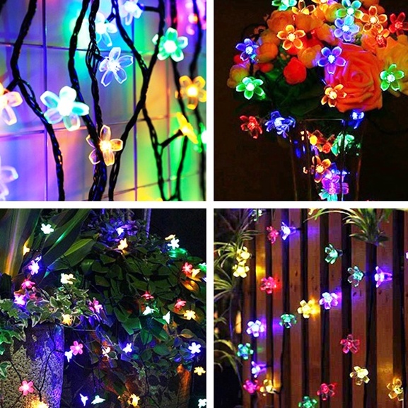 Lampu LED Tumblr Hias Taman Bunga Kristal Warna Warni Tenaga Surya Dekorasi 50 LED 7 Meter Anti Air with Solar Panel waterproof Solar Flower Lawn Lamps IP44 Cherry Blossoms String Lights Outdoor Fairy Light for Patio Garden Fence Christmas Holiday Decor