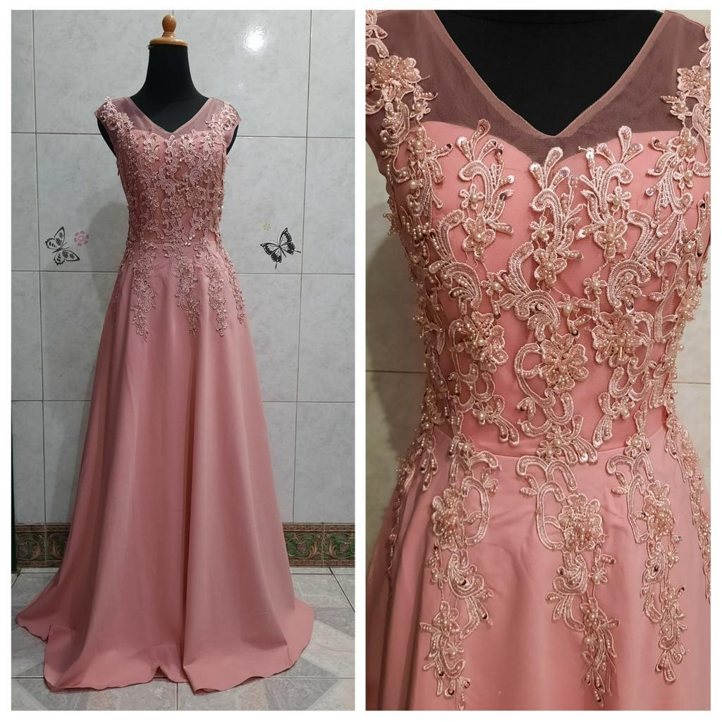 Longdress saten brokat dusty pink salem maroon navy gaun pesta bridesmaid dress bridal premium fio10