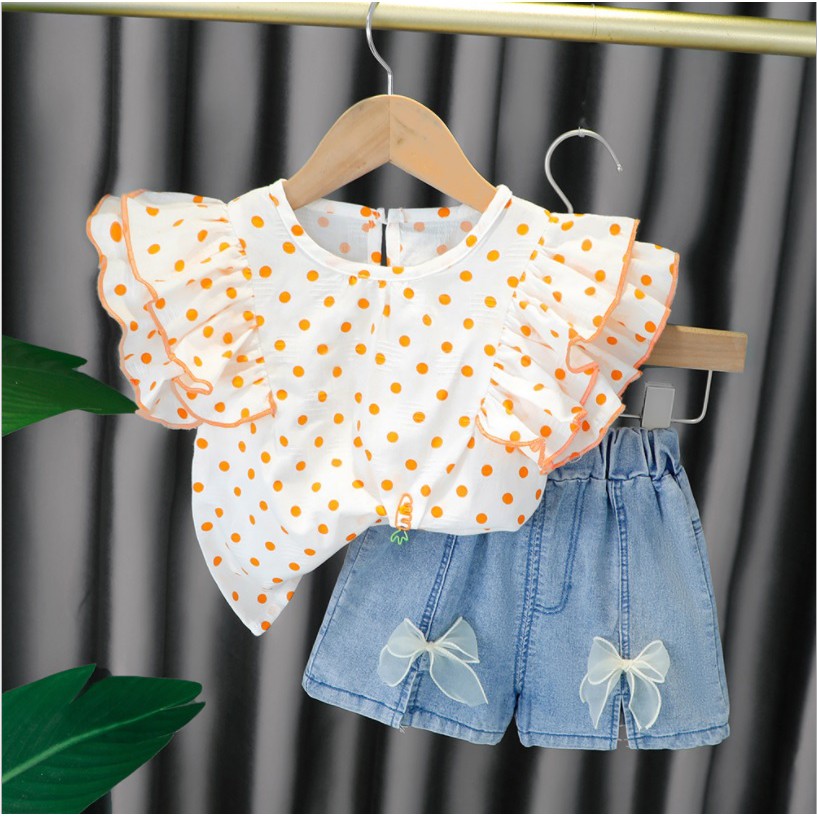 Setelan baju atasan dan jeans anak/pakaian bayi anak perempuan motif polkadot kualitas premium